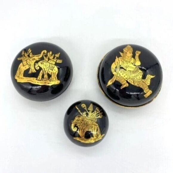 Burmese Lacquerware Gold Accented Trinket Boxes Set Of 3 - Picture 2 of 12